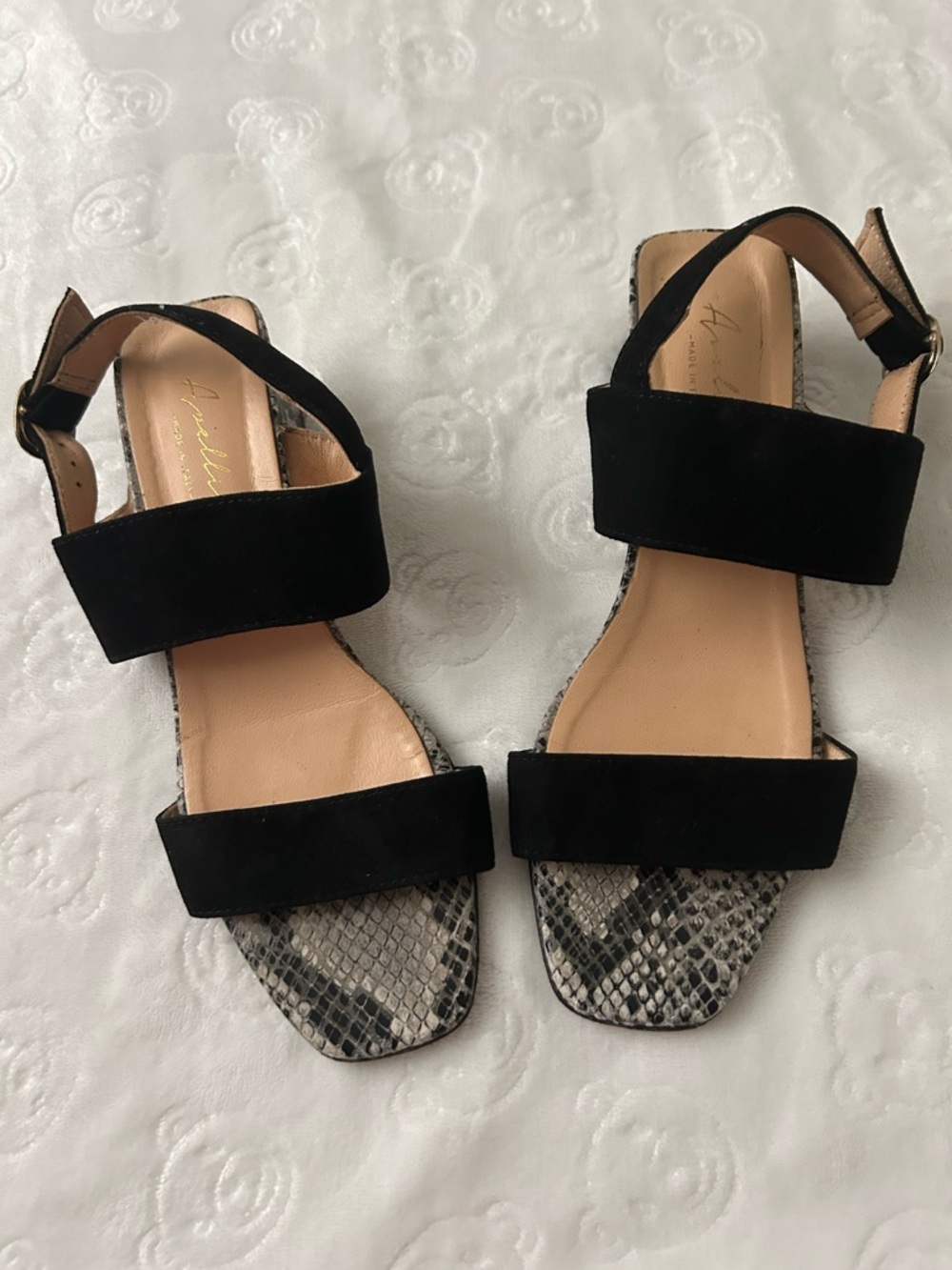 Black Suede Sandals with Snakeskin-Print Footbed
